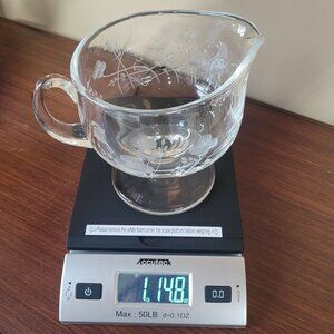 Vintage Crystal Footed Etched Floral Gravy Glass Handled Mixing Large Bowl